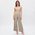 Velarve Women's Khaki Strapless Tube Jumpsuit, Pleated Wide Leg