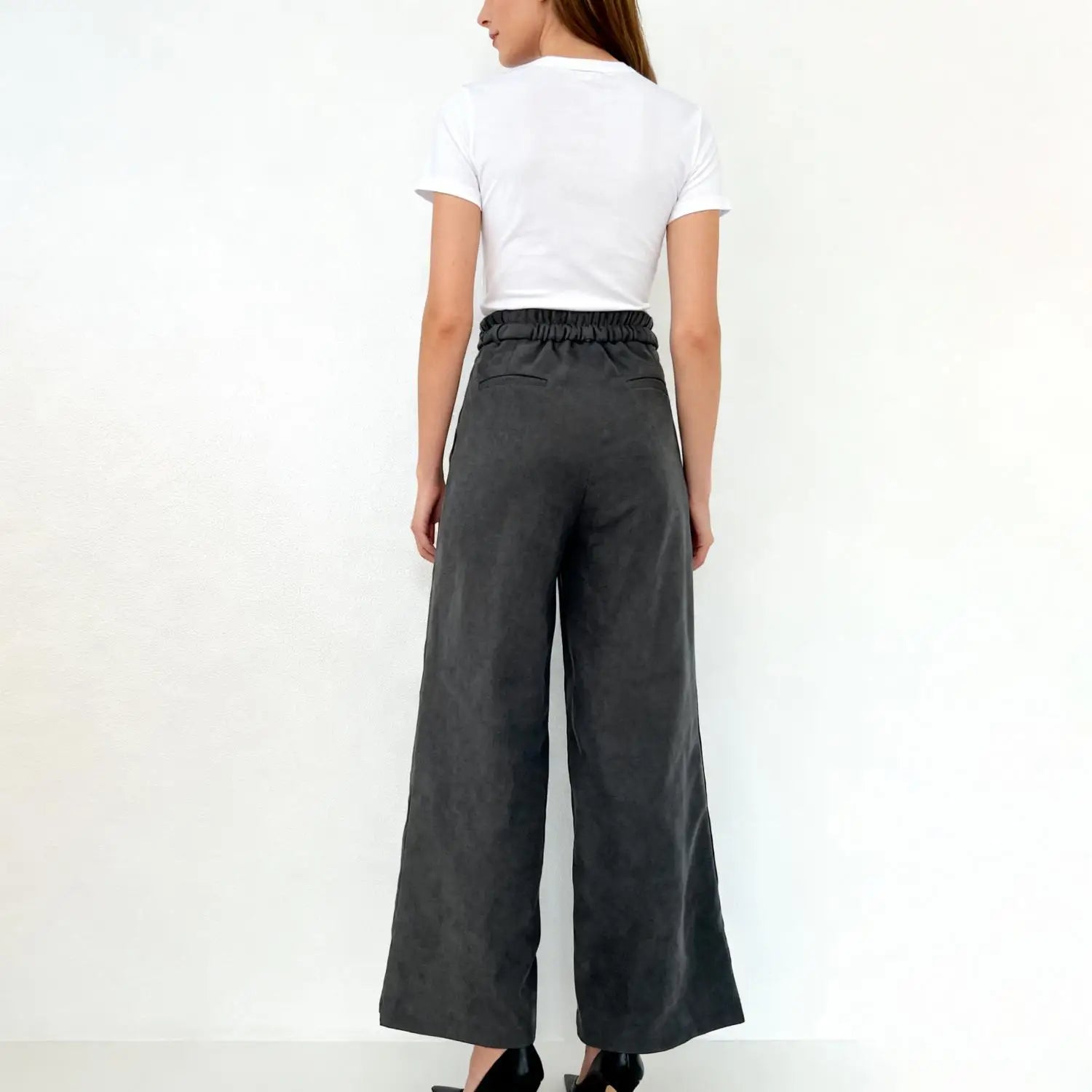 Velarve Women's Dark Gray Pleated Wide-Leg Trousers, High Waist