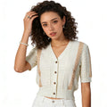 Velarve Women's White Color-Block Cardigan, Thick Knit