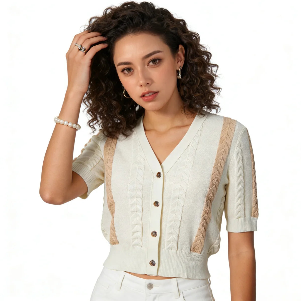 Velarve Women's White Color-Block Cardigan, Thick Knit
