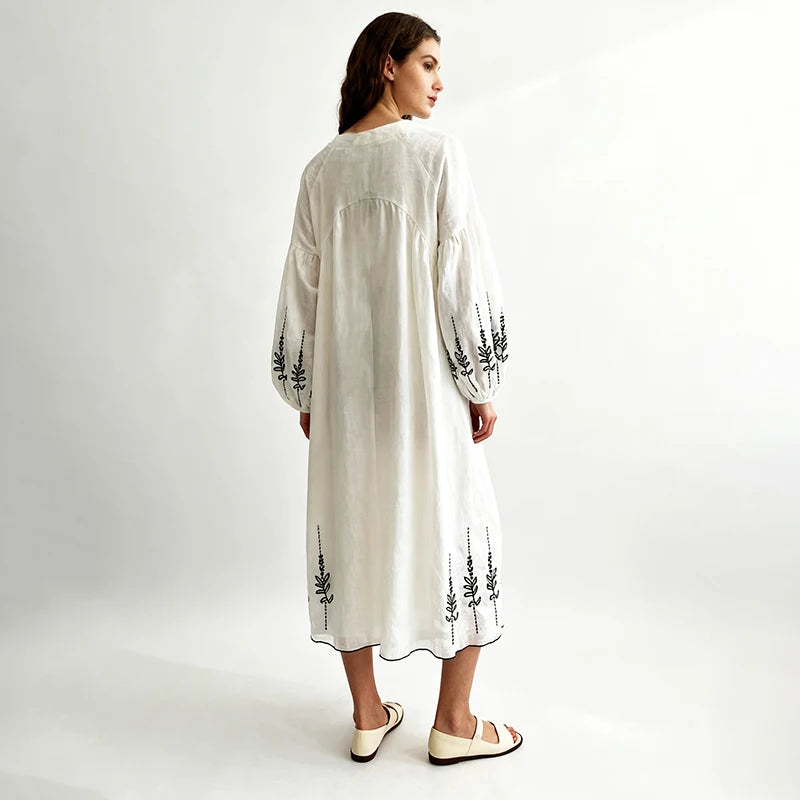 Velarve Women's White Linen Embroidered Boho Maxi Dress, Long Sleeve