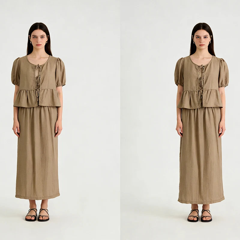 Velarve Women's Khaki Peplum Blouse & Midi Skirt Set