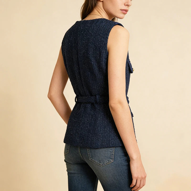 Velarve Women's Navy Tweed Belted Vest, Gold-Button Waistcoat