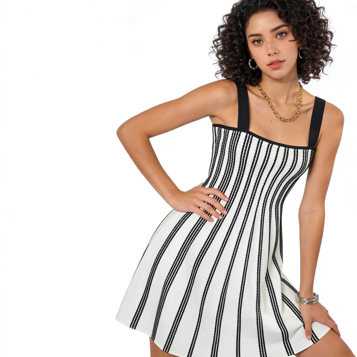 Velarve Women's White Striped Knit Slip Dress