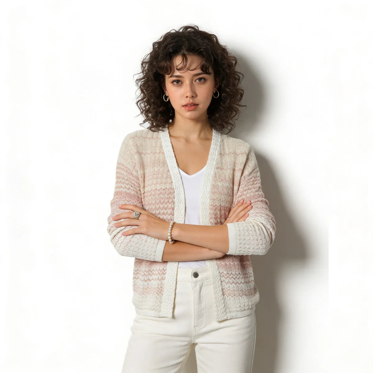 Velarve Women's Pink Cable-Twist Cotton Cardigan, V-Neck