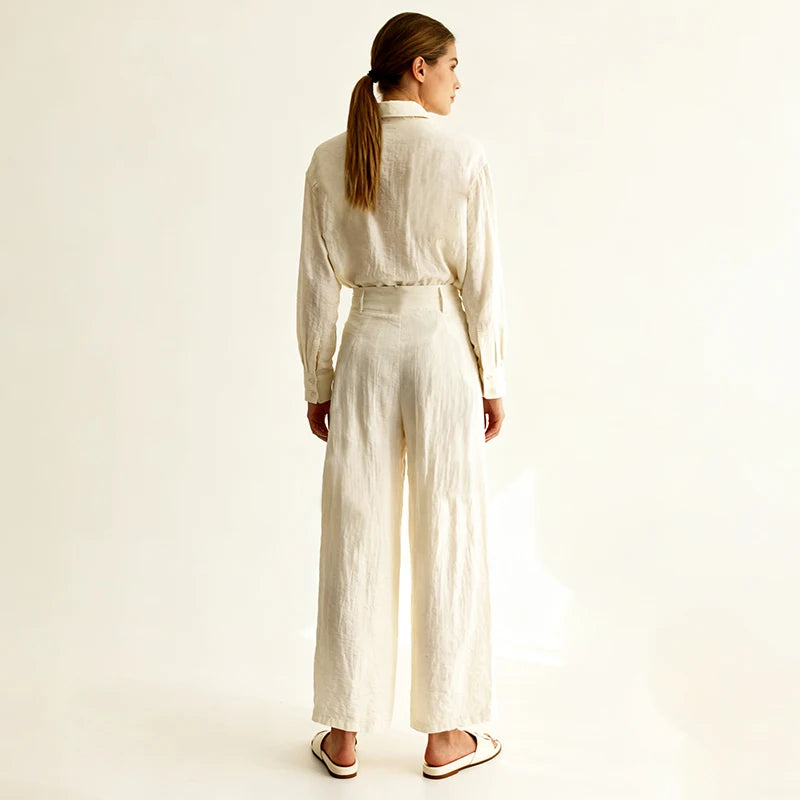 Velarve Women's Ivory Formal Shirt & Wide-Leg Pants Set