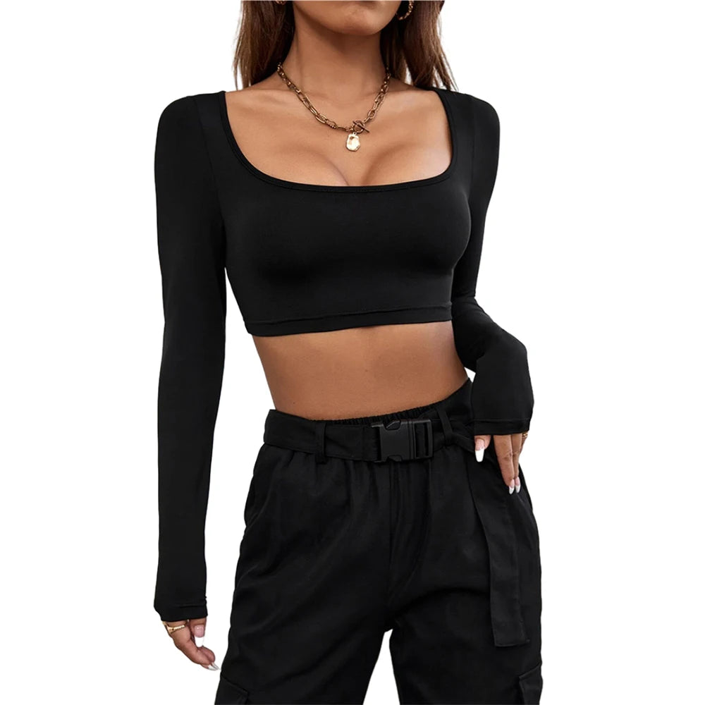 Velarve Women's Square-Neck Long Sleeve Crop Top, Fitted