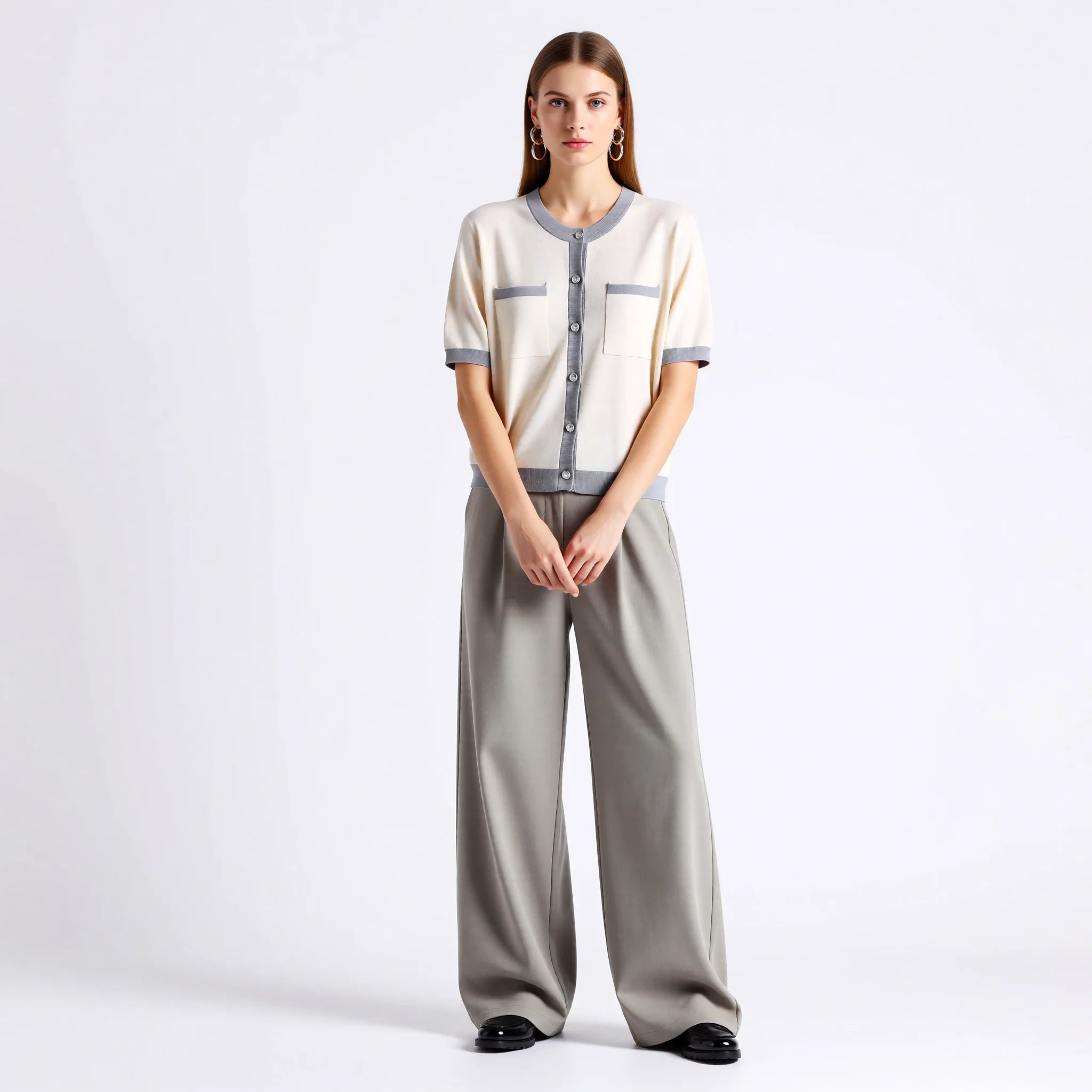Velarve Women's Silver Cropped Button Cardigan, Short Sleeve Knit