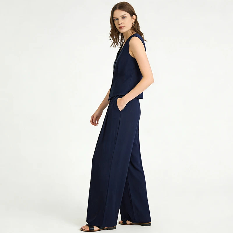 Velarve Women's Navy Vest & Wide-Leg Pants Two-Piece Set