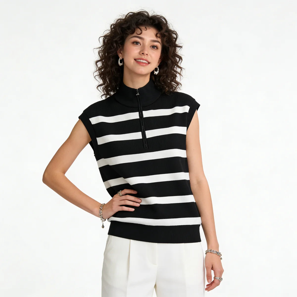 Velarve Women's Black Turtleneck Striped Sweater