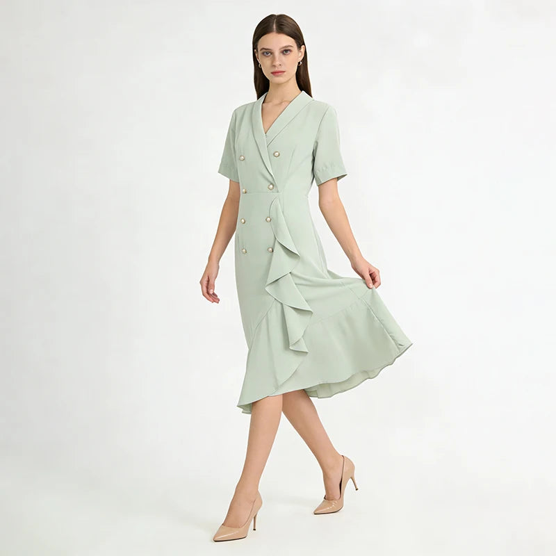 Velarve Women's Mint Green Double-Breasted Midi Dress, Ruffled Short Sleeve