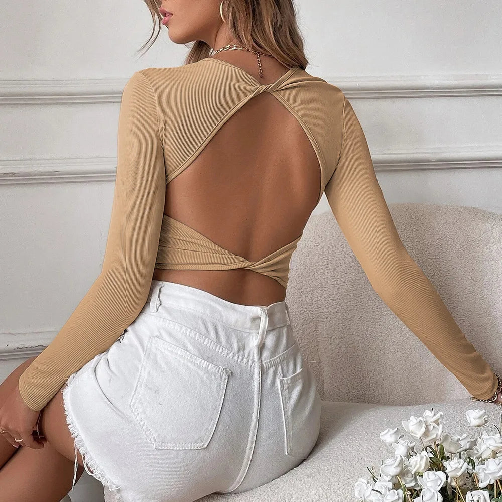 Velarve Women's Backless Long Sleeve Crop Top, Active