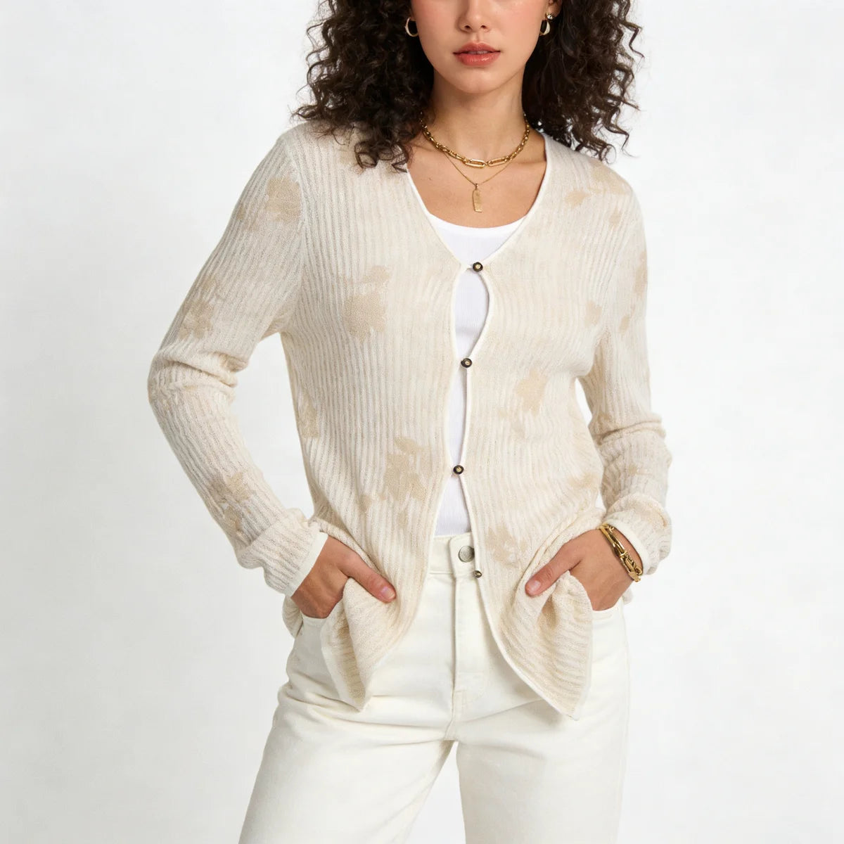Velarve Women's Ivory Embroidered Cotton Sweater, Crewneck