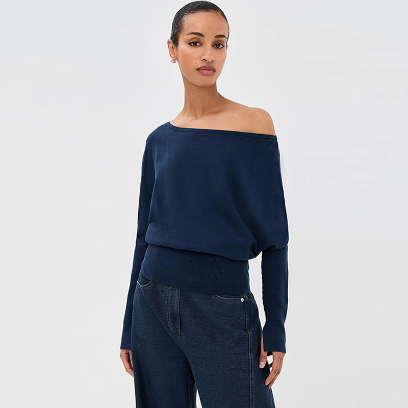 Velarve Women's Navy Off-Shoulder Sweater, Long Sleeve Fitted Knit