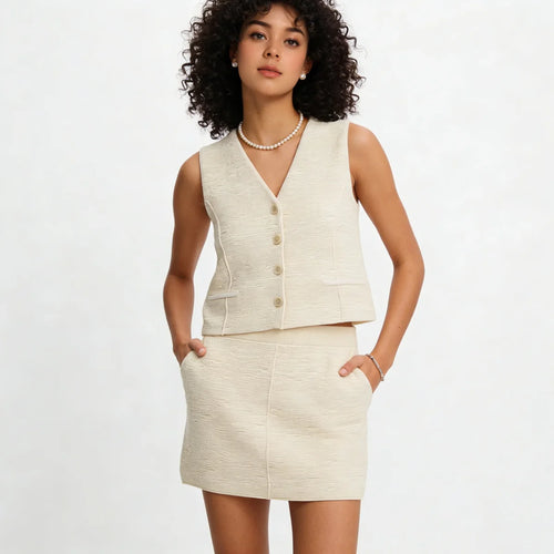 Velarve Women's Beige Two-Piece Skirt Suit Set