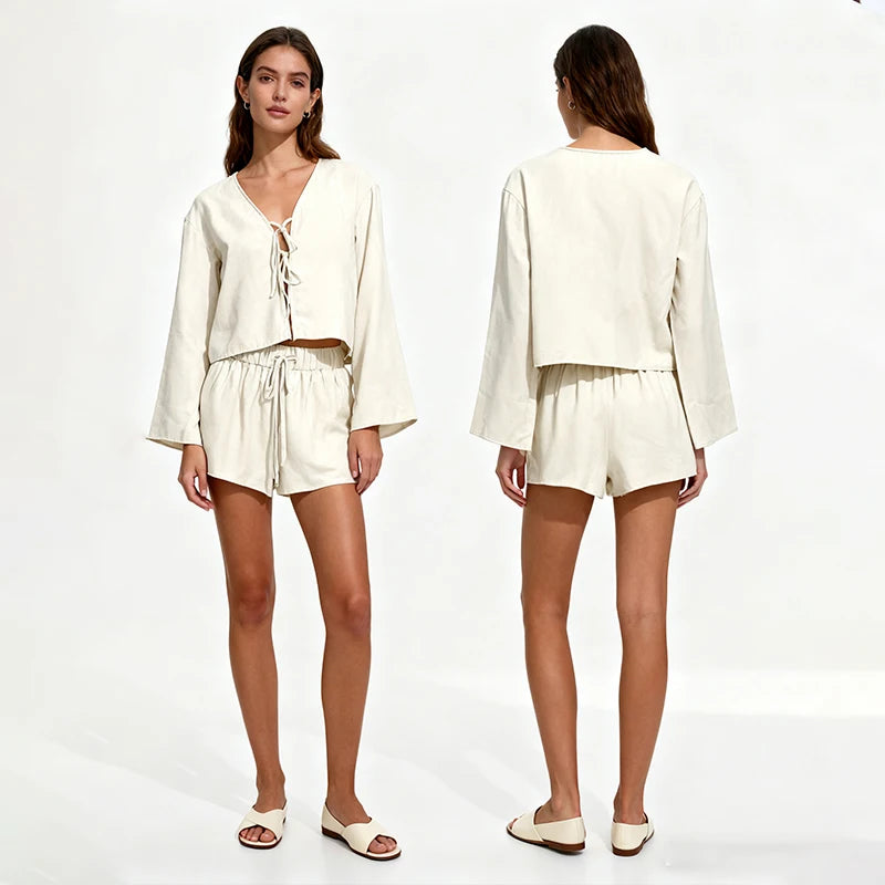 Velarve Women's Cream Cropped Lace-Up Top & Shorts Co-Ord Set