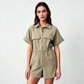 Velarve Women's Light Khaki Satin Short-Sleeve Romper, Collared Playsuit