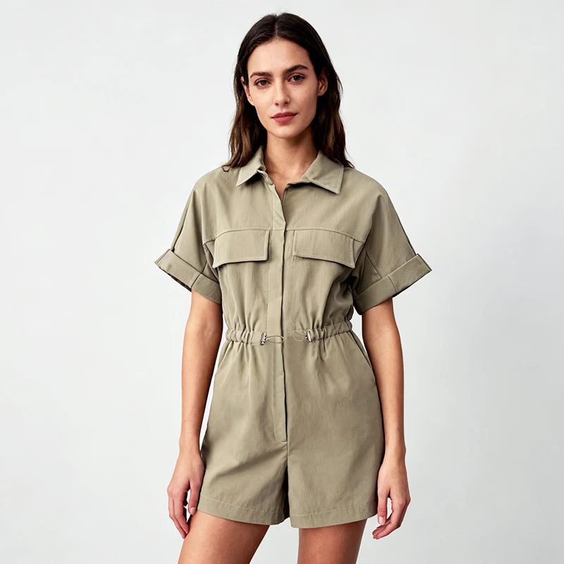 Velarve Women's Light Khaki Satin Short-Sleeve Romper, Collared Playsuit