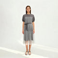 Velarve Women's Gray Mesh Layered Puff-Sleeve Midi Dress, Belted