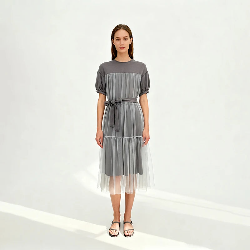 Velarve Women's Gray Mesh Layered Puff-Sleeve Midi Dress, Belted