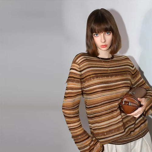 Velarve Women's Brown Striped Knit Top, Slim Fit Long Sleeve