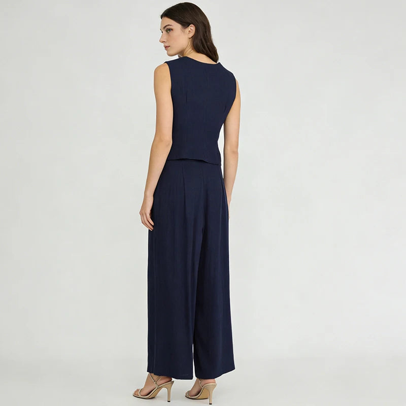 Velarve Women's Navy Vest & Wide-Leg Pants Two-Piece Set