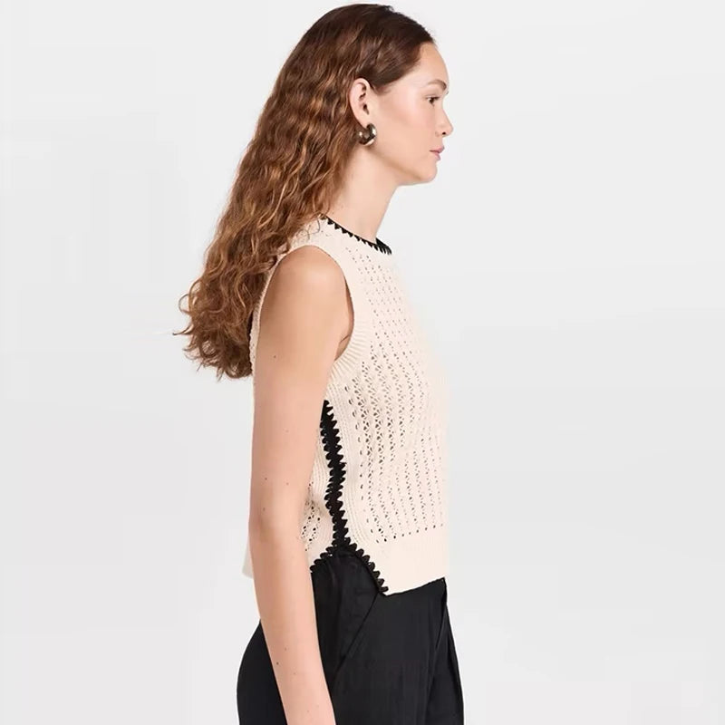 Velarve Women's Ivory Sleeveless Knit Crop Vest, Cotton