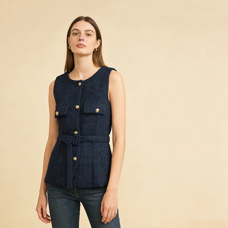 Velarve Women's Navy Tweed Belted Vest, Gold-Button Waistcoat