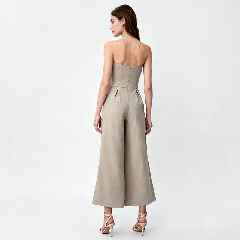 Velarve Women's Khaki Strapless Tube Jumpsuit, Pleated Wide Leg