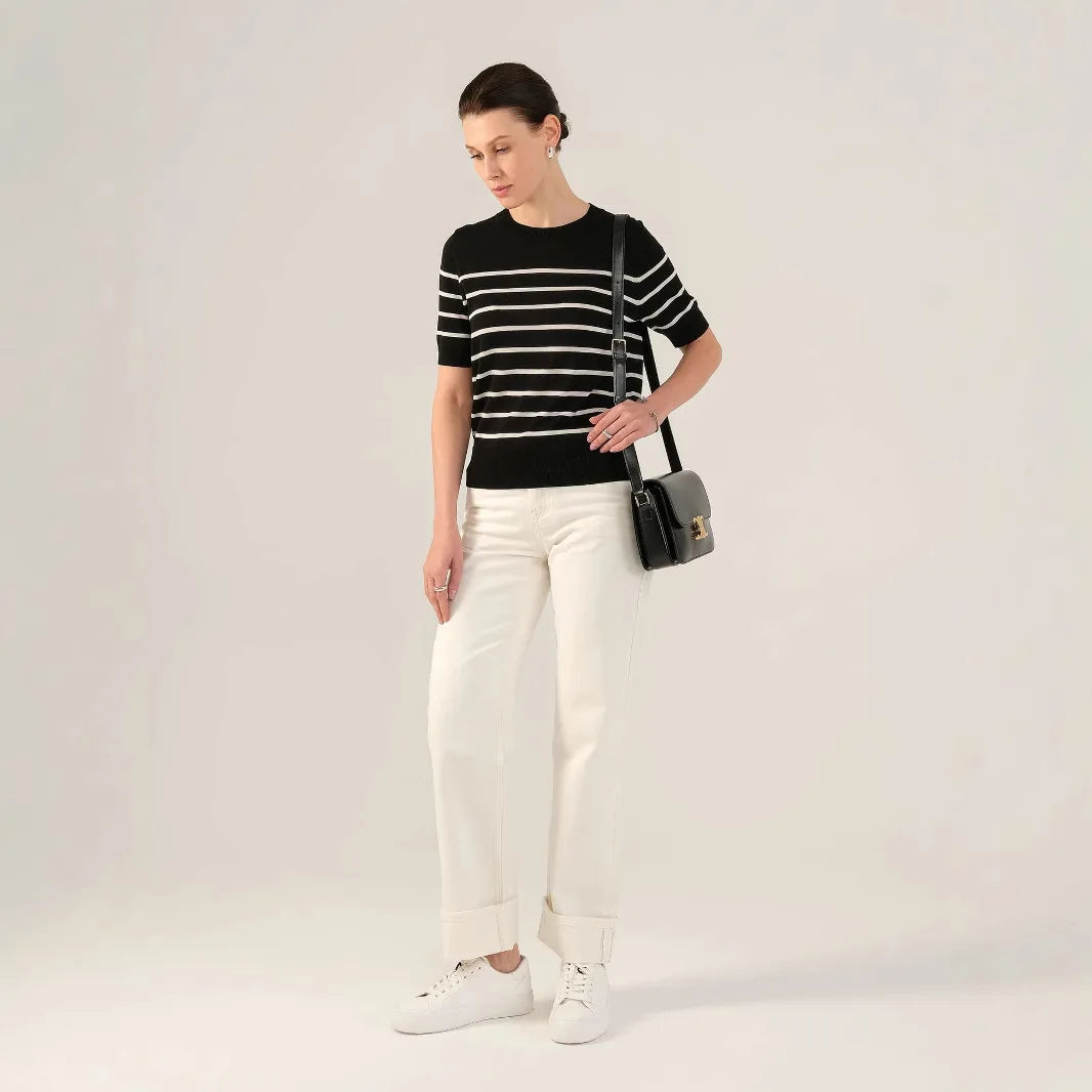 Velarve Women's Striped Knit Top, Round-Neck Short Sleeve