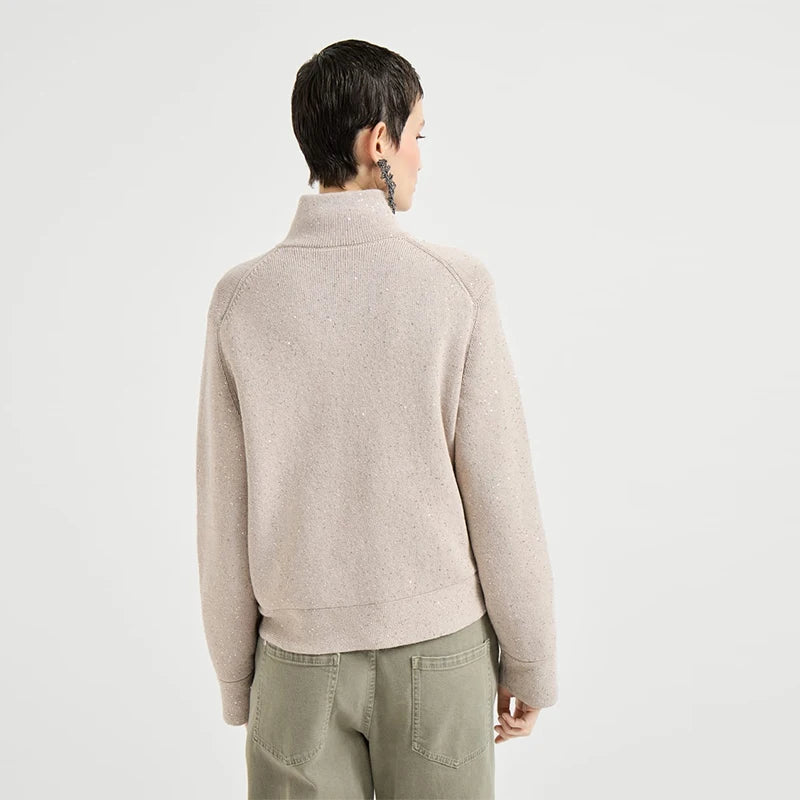 Velarve Women's Champagne Cable-Twist Turtleneck Cardigan