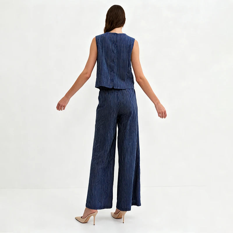 Velarve Women's Navy Plaid Vest & Wide-Leg Pants Set