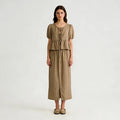 Velarve Women's Khaki Peplum Blouse & Midi Skirt Set