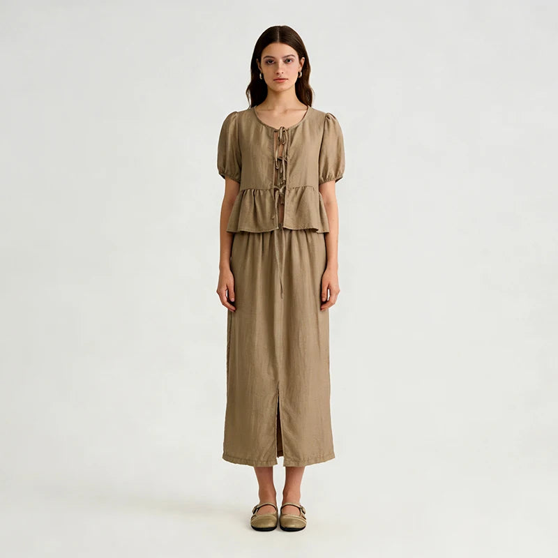 Velarve Women's Khaki Peplum Blouse & Midi Skirt Set