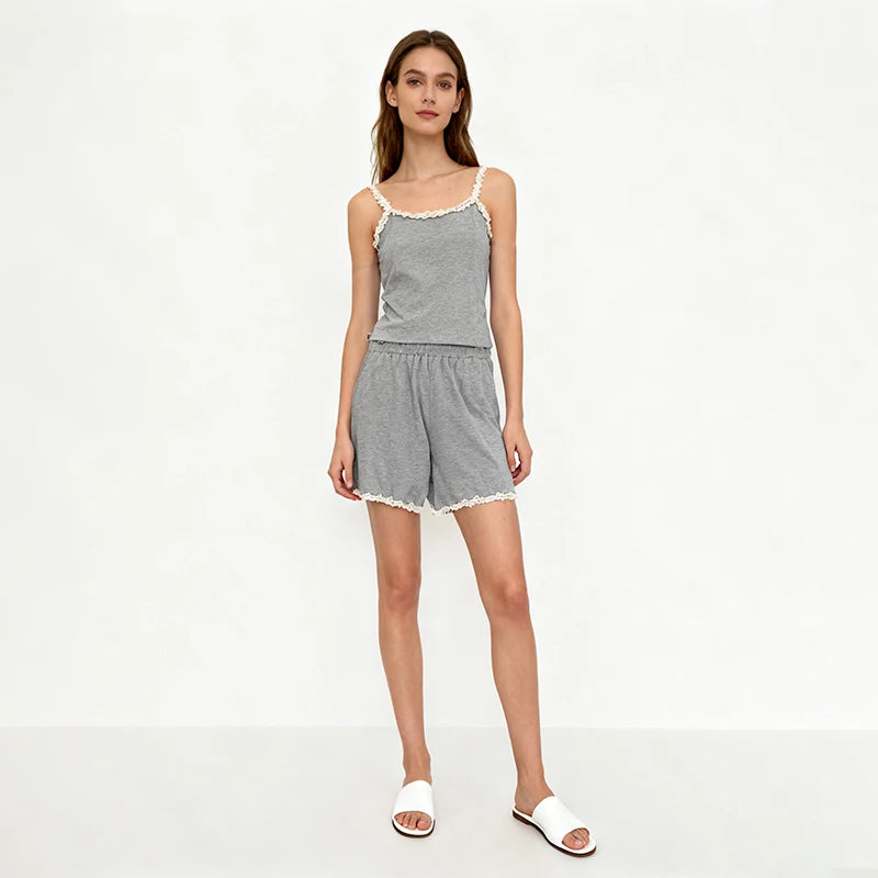 Velarve Women's Grey Lace-Trim Camisole & Shorts Lounge Set