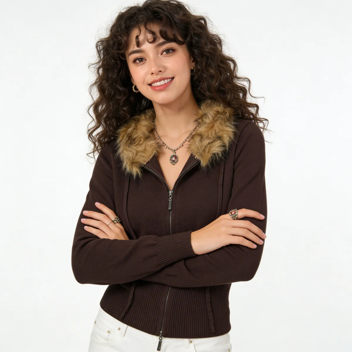 Velarve Women's Brown Cotton Cardigan Jacket