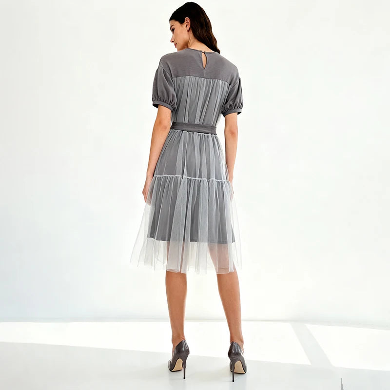 Velarve Women's Gray Mesh Layered Puff-Sleeve Midi Dress, Belted