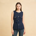 Velarve Women's Navy Tweed Belted Vest, Gold-Button Waistcoat
