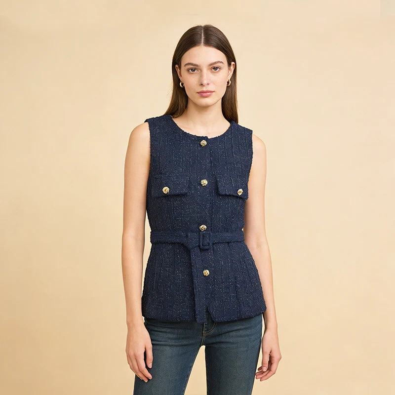 Velarve Women's Navy Tweed Belted Vest, Gold-Button Waistcoat