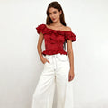 Velarve Women's Coral Red Satin Floral Off-Shoulder Top, Ruffled
