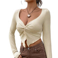 Velarve Women's White Cross-Twist Long Sleeve Active Crop Top