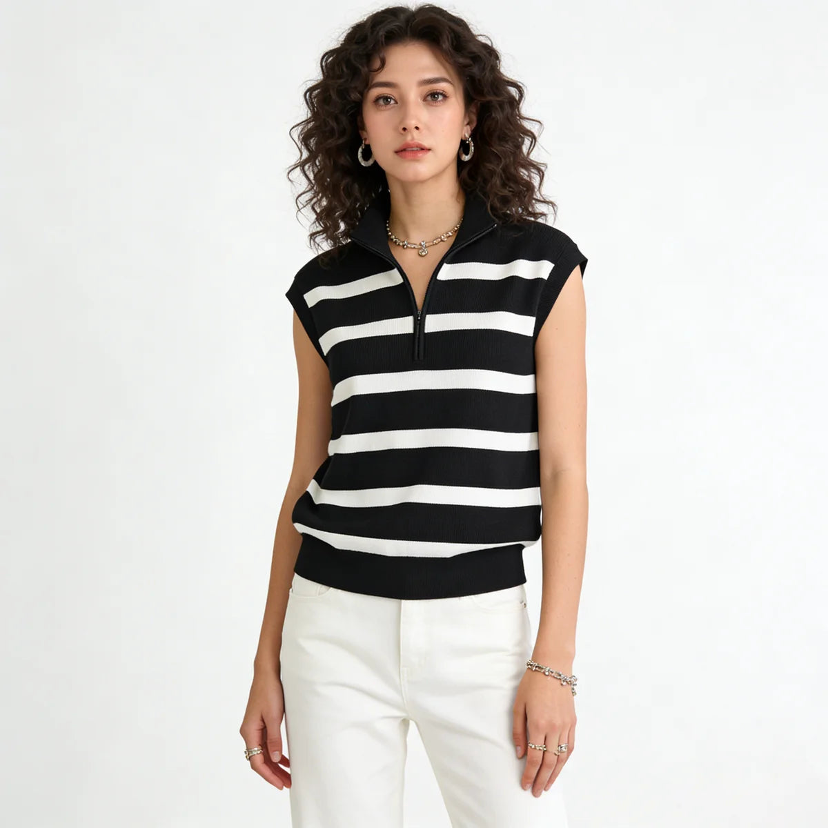 Velarve Women's Black Turtleneck Striped Sweater