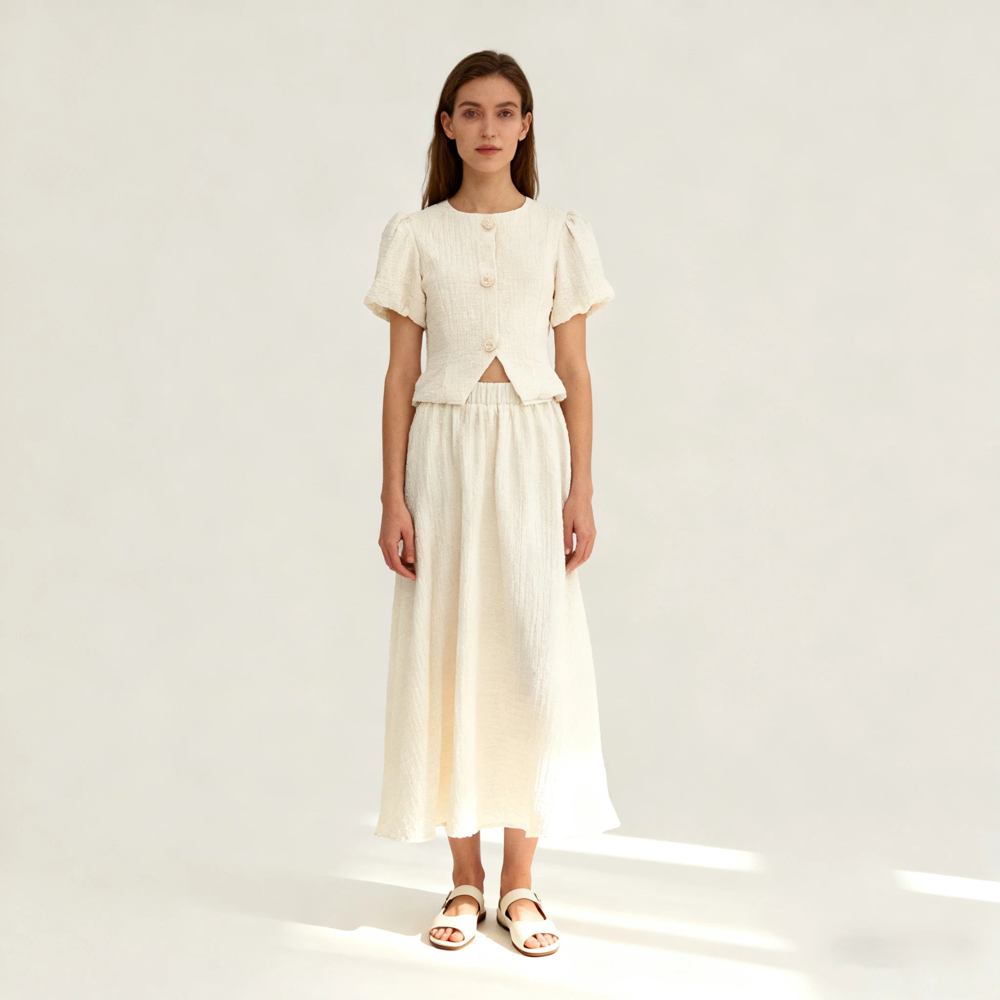 Velarve Women's Ivory Short-Sleeve Top & Long Skirt Set