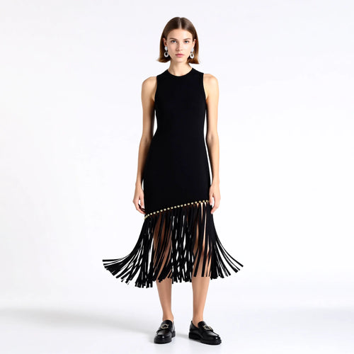 Velarve Women's Black Ruffled Knit Midi Dress with Button-Front