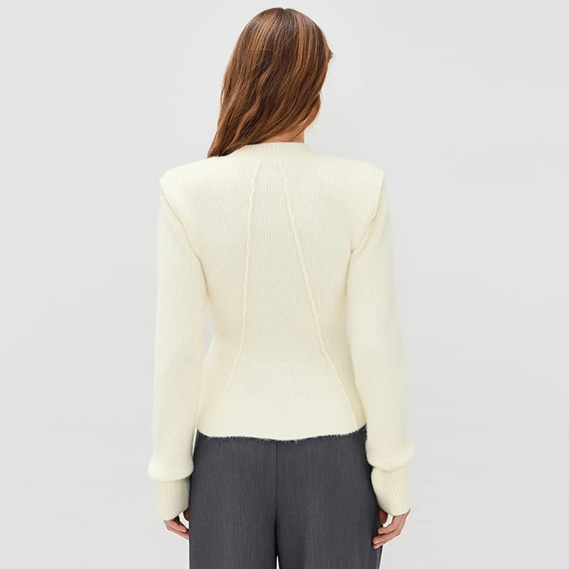 Velarve Women's Ivory Wool Hooded Sweater, Long Sleeve Knit