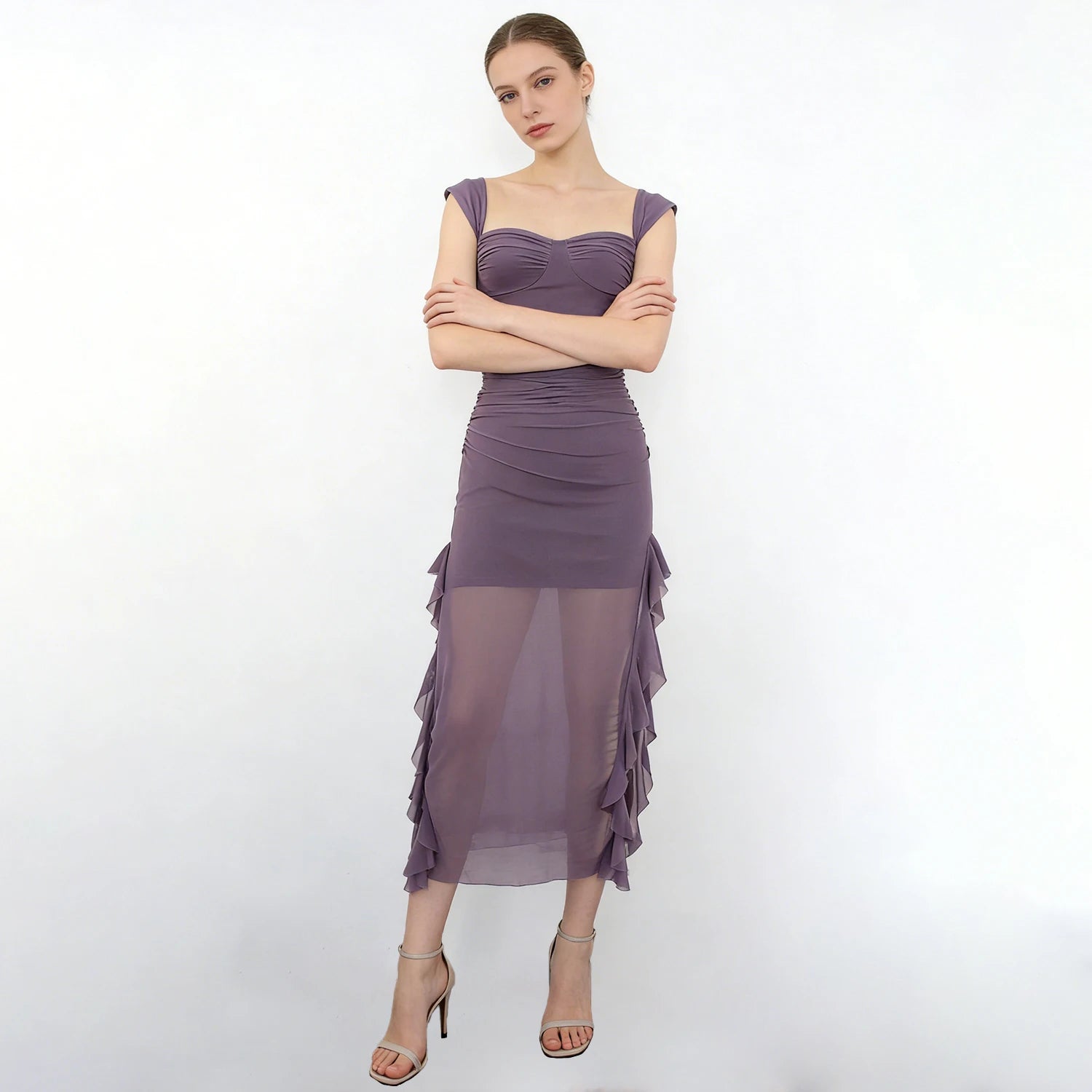 Velarve Women's Lilac Ruched Mesh Mini Dress, Bodycon Cocktail