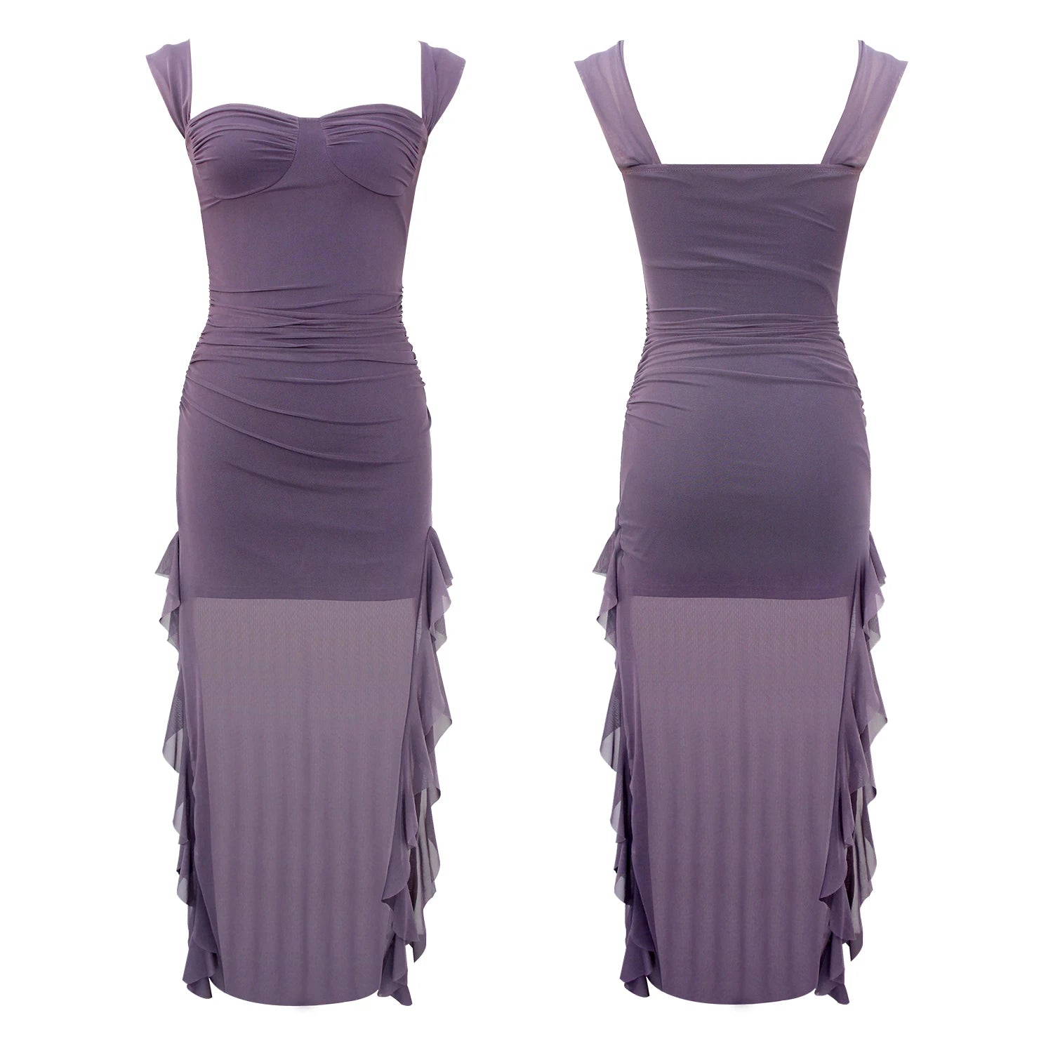 Velarve Women's Lilac Ruched Mesh Mini Dress, Bodycon Cocktail