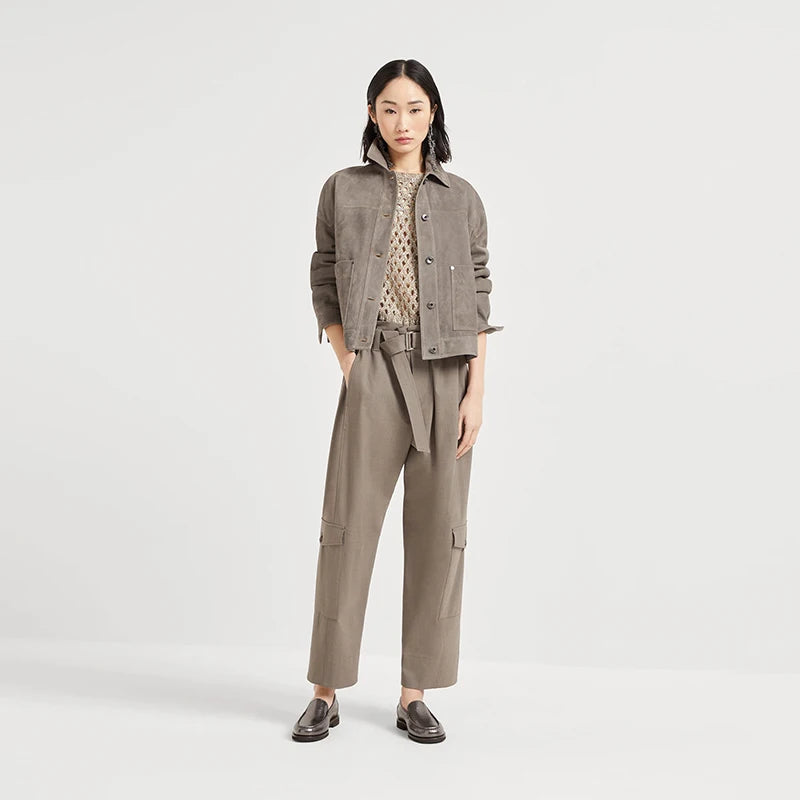 Velarve Women's Khaki Cotton Crewneck Sweater