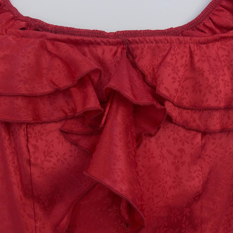 Velarve Women's Coral Red Satin Floral Off-Shoulder Top, Ruffled
