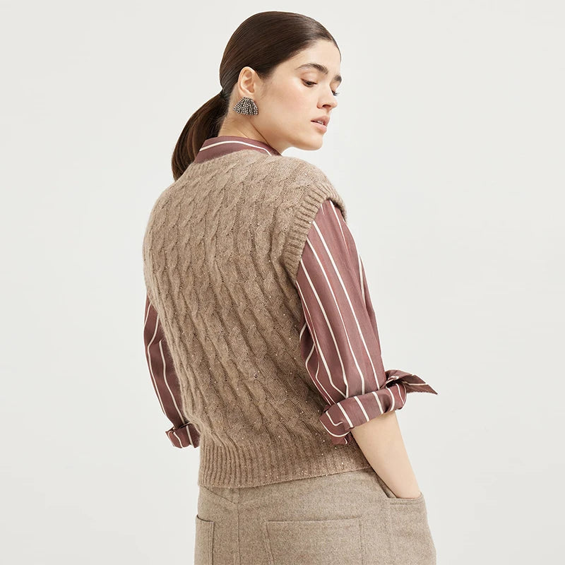 Velarve Women's Khaki Sleeveless Cotton Cardigan, Plain Knit